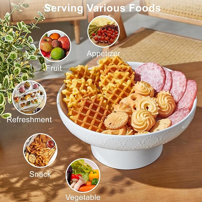 ONEMORE Ceramic Fruit Bowl, 10" Large White Removable Pedestal Bowl for Kitchen Counter, Modern Footed Fruit Bowl with Draining Holes, Decorative Fruit Bowls for Vegetables, Snacks, Candies