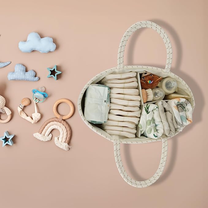 Diaper Caddy Organizer Cotton Rope Baby Basket Nursery Storage and Portable Tote Bag for Car Ideal Baby Shower Gifts and Registry Must-Have for Newborn Essentials Large striped