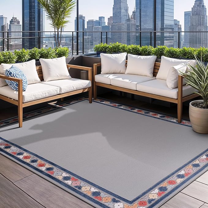 Beverly Rug Outdoor Rug 9x12 Modern Bordered Large Area Rugs for Indoor and Outdoor Patio Easy to Clean Non Shedding Living Room Porch Garden Washable Outside Carpet (9 x 12 Gray)