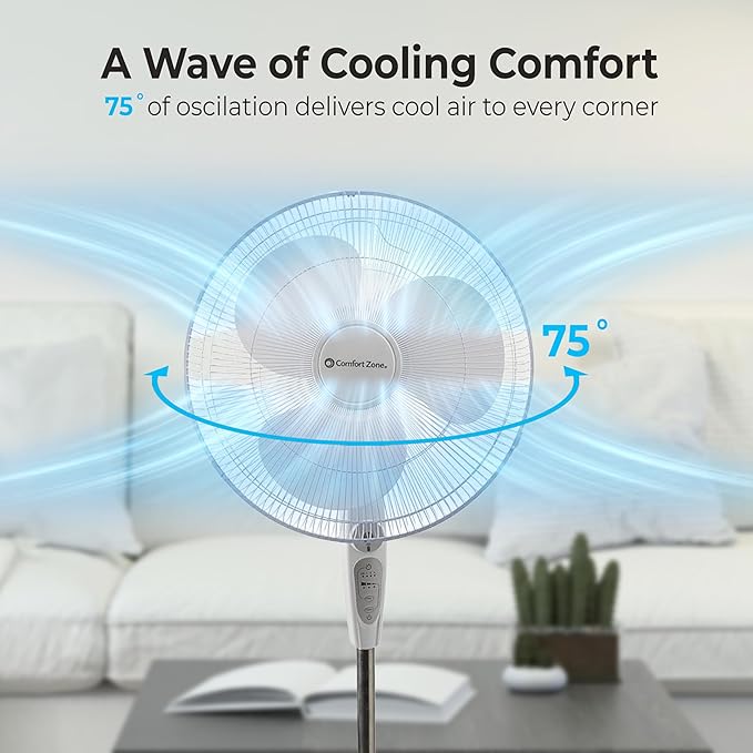 Comfort Zone 18-Inch Oscillating Pedestal Fan with Remote Control, 3-Speed Standing Fan with Adjustable Height (45–52”), Tilt, 4-Hour Timer & Auto Shutoff – Quiet Bedroom Fan, White