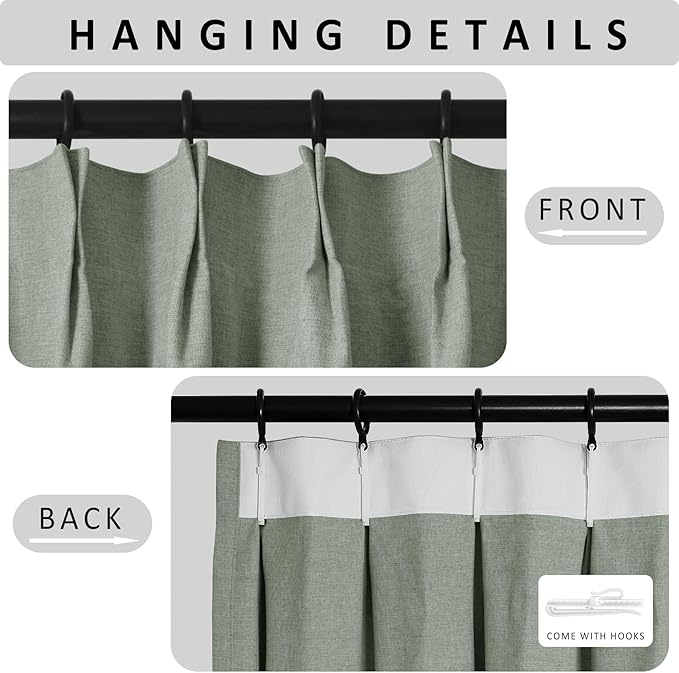 Macochico Pinch Pleated 100% Blackout Curtains Fog Green Linen Curtains for Bedroom Living Room Farmhouse Thermal Insulated Window Panels Pleated Curtains with Hooks and Tieback 52”Wx72”L 1 Panel