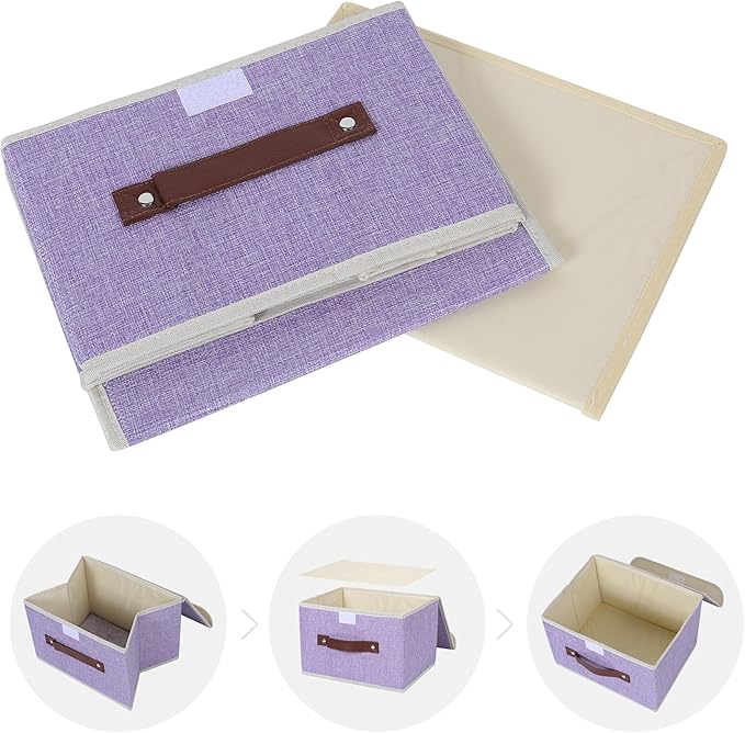 ANMINY Storage Bin with Lid Storage Boxes with PU Leather Handles PP Plastic Board Decorative Foldable Lidded Cotton Linen Fabric Home Cubes Baskets Closet Organizer Container - Purple, Small Size