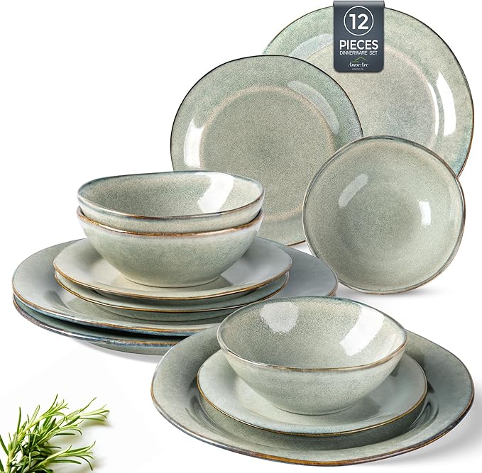 AmorArc Ceramic Dinnerware Sets, Handmade Stoneware Reactive Glaze Plates and Bowls Set, Scratch Resistant | Dishwasher & Microwave Safe Dishes Set, Service for 4 (12pc)