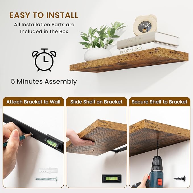 Fun Memories 48 Inch Deep Floating Shelves for Wall, 2 Pack of Long Wall Mounted Wood Shelves with Invisible Brackets for Bathroom, Bedroom, Living Room, Kitchen Decor and Storage, Brown