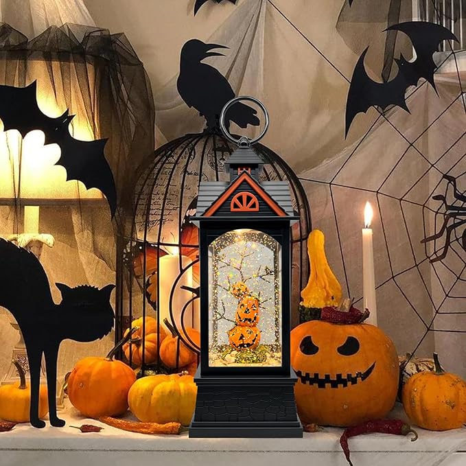 Halloween Snow Globe Lantern with 6 Hour Timer,Halloween Decorations Indoor for Home,Halloween Decor,USB or Battery Powered for Halloween Lanterns,Halloween Pumpkin Lantern