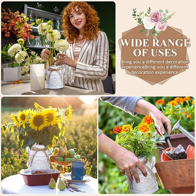 6 Inch Farmhouse Vase Decor Milk Can Vintage Flower Jug Galvanized Metal Vase with Handle Rustic Flower Buckets for Thanksgiving Christmas Table Centerpiece Weddings Gifts(Retro White,2 Pcs)