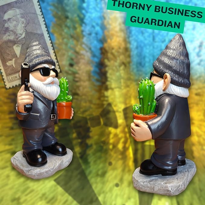 Gnome Decoration for Garden & Home - Professional Hitman Look Statue, Léon Inspired 8.7 Inch Resin Decor, Unique Outdoor Gift for Women/Men