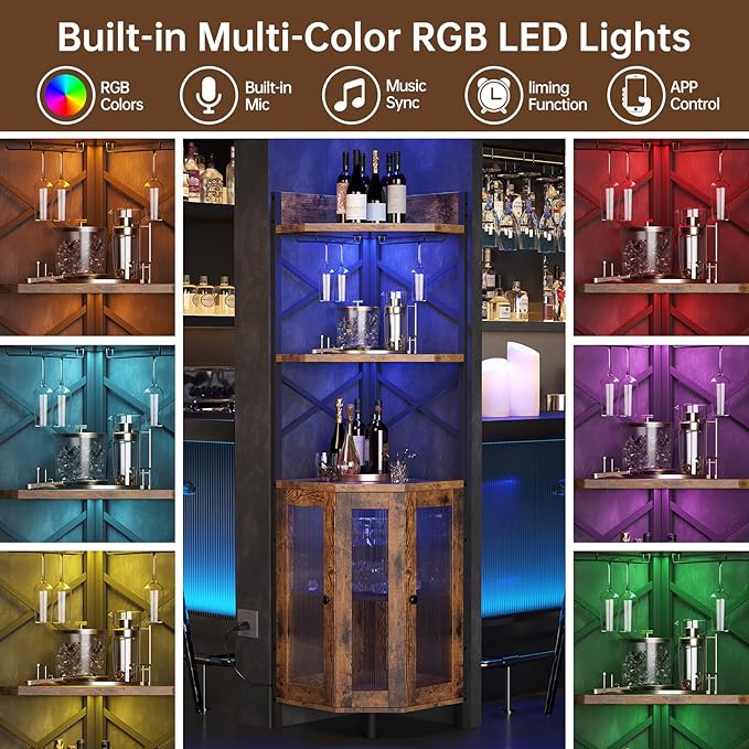 Corner Bar Cabinet with Power Outlet, 5-Tier Corner Wine Cabinet with Led Strip and Glass Holder, Industrial Tall Liquor Cabinet Bar Wine Rack for Home, Rustic Brown