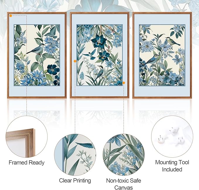 Aurlan Vintage Blue Birds and Botanical Framed Wall Art(24"x36"), 3PCS Classic Chinoiserie Audubon Bird Canvas Artwork, Large Abstract Watercolor Flowers Floral Home Decor for Bedroom Living Room