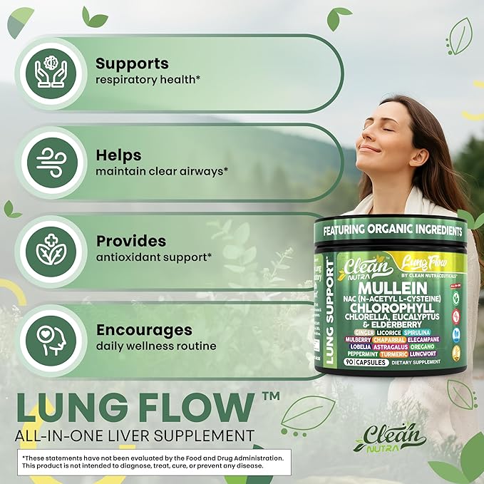 Clean Nutra Mullein NAC Supplement Spirulina Chlorella Ginger Licorice Mulberry Astragalus Root Oregano Turmeric with Chlorophyll Berries Detox Cleanse Respiratory Lung Health 90 Capsules
