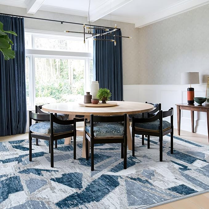 Modern Abstract Blue 8X10 Area Rug for Living Room Bedroom Washable, with Non-Slip Rubber Backing Print Faux Wool Thin, Throw Large Carpet for Kids Playroom Dining Room Pet & Child Friendly