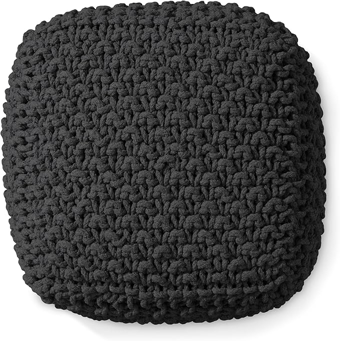 Casafield Square Pouf Ottoman, Black - 18.5" W x 18.5" D x 14.5" H Cotton Knit Foot Stool - Boho Floor Pouffe for Living Room, Bedroom, Home Office