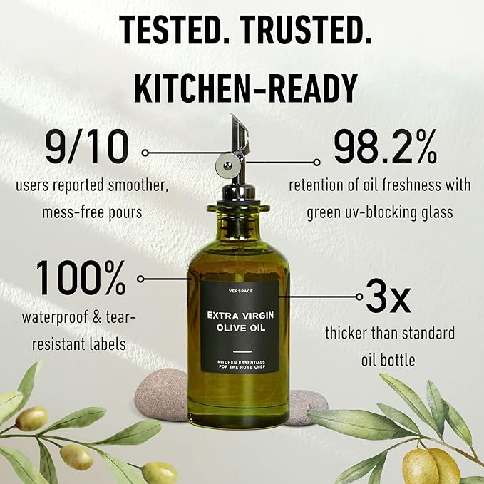 Green Glass Olive Oil Dispenser Bottle For Kitchen By Verpsace,Avocado Oil Dispenser Set, Modern Decor, Gold Kitchen Accessories for Home, Airbnb, Cafe (Black, Set of 2)