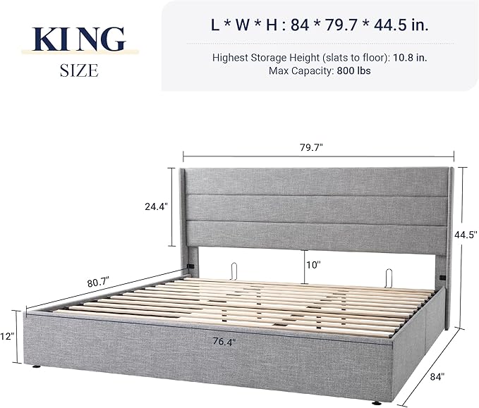 Allewie King Size Lift Up Storage Bed, Modern Wingback Headboard, Hydraulic Support, No Box Spring Needed, Light Grey