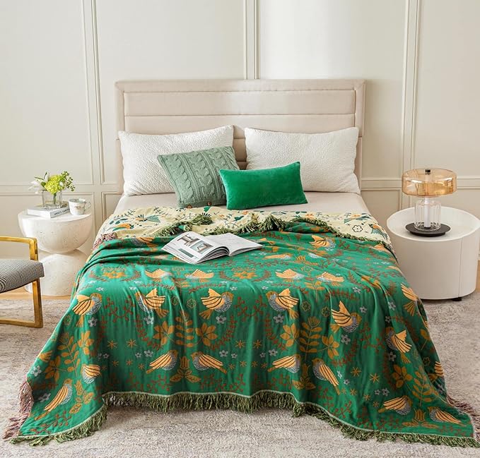 Green Summer Blanket 60''x 80'' Boho Throw Blankets for Couch Bed Chair,100% Cotton Quilts Christmas Warm Soft Blanket Muslin Bed Blankets Farmhouse Decoration