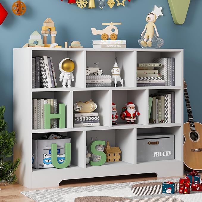 Book Shelf Set of 2, 10 Cubes Storage Organizer, 3-Tier Open Shelf Wooden Bookcase, Freestanding White Bookshelf Cube Shelf for Bedroom, Living Room, Home Office