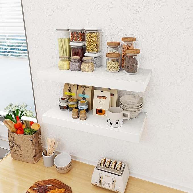 12 Inch Deep White Floating Shelves, 24 x 12 Floating Shelf for Books, Rustic Wood Deep Wall Shelves for Home Storage & Display, 2" Thicked Shelves for Kitchen, Living Room, Bedroom, 1 Pack