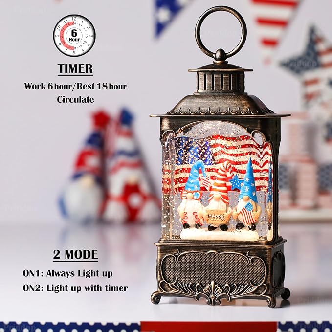 Gnome Snow Globe Lantern 4th of July Decorations with Timer, USB and Battery Powered 4th of July Shirts Patriotic Gnomes and American Flag Independence Day 10.2 inch