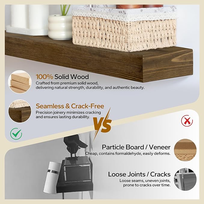 Floating Shelves 24 inch for Wall Set of 2,3 inch Thick Pine Wood Wall Mount Shelf for Kitchen Living Room Bedroom Bathroom,8" D x 24" L x 3" H-Drak Walnut