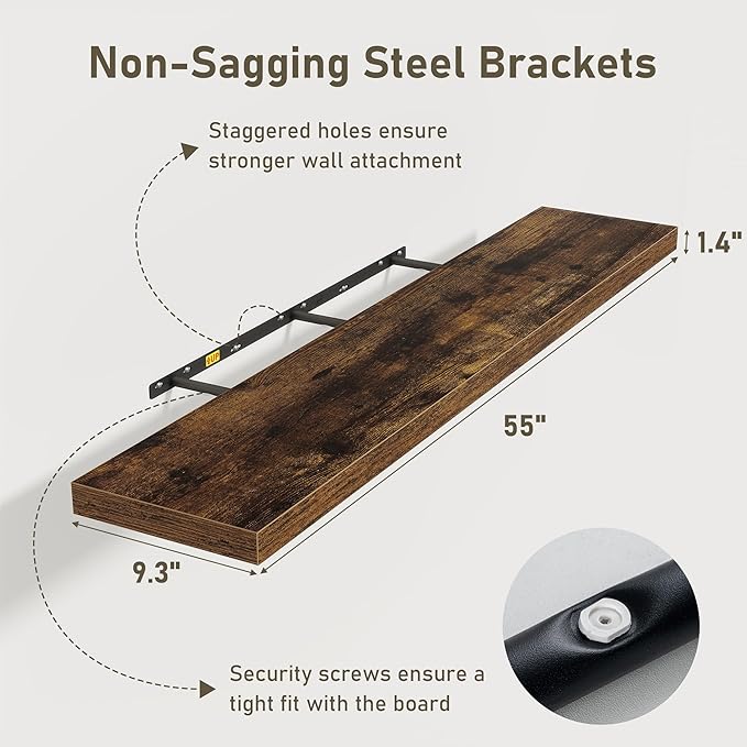 Fun Memories 55 Inch Floating Shelves for Wall 2 Pack Shelves for Bedroom|Kitchen|Bathroom 55 x 9.3 Inch Wood Floating Shelf with Invisible Brackets for Books|Storage|Decor, Rustic Brown