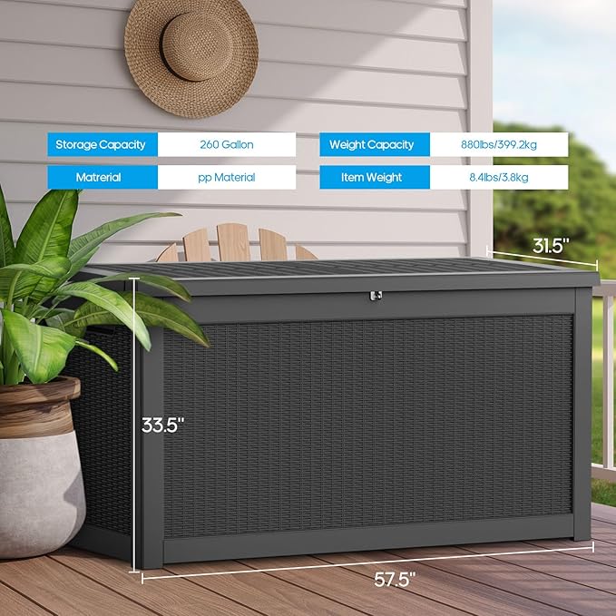 Vixzen 260 Gallon Resin Deck Box, Lockable Outdoor Storage Box for Patio Cushions Storage Furniture,Garden Tools, Pool Supplies, Weatherproof and UV Resistant- Black