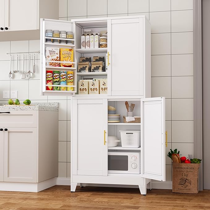 74.8" Tall Metal Food Cabinet, White Kitchen Pantry Cabinet, Storage Cabinets with 4 Door and 4 Adjustable Shelves, Steel Freestanding Cupboard for Kitchen Dining Room Living Room Bathroom