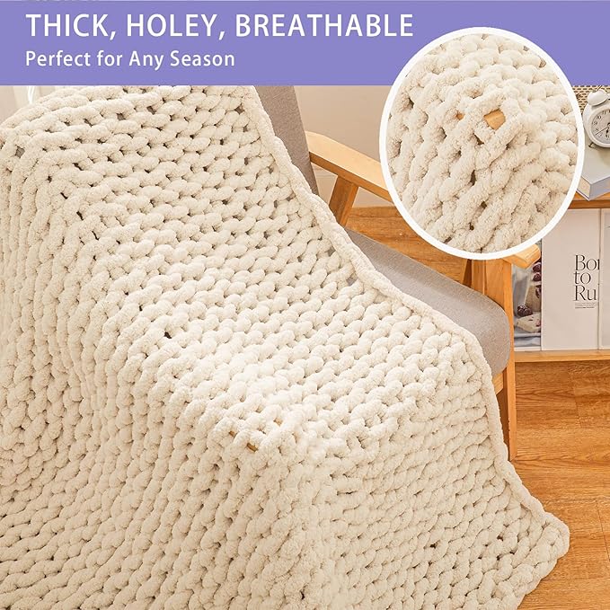Bigacogo Chunky Knit Throw Blanket for Couch, 80x90 inches, 100% Hand Knitted with Thick Jumbo Chenille Yarn, Cozy Soft Large Rope Knot Cable Crochet Blankets for Sofa Bed Living Room, Beige