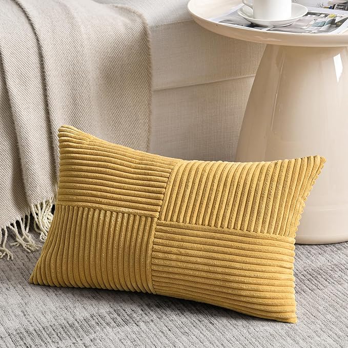 Fancy Homi 2 Packs Mustard Yellow Lumbar Decorative Throw Pillow Covers 12x20 Inch for Living Room Couch Bed, Rustic Farmhouse Boho Home Decor, Soft Striped Corduroy Rectangle Accent Cushion Case