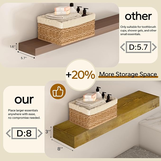 Floating Shelves 3 inch Thick for Wall Set of 2,Solid Pine Wood Wall Mount Shelf for Kitchen Living Room Bedroom Bathroom,8" D x 48" L x 3" H-Gold Oak