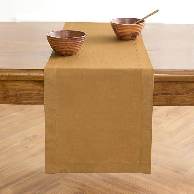 Solino Home Linen Table Runner 90 Inches Long - 100% Pure Linen Caramel Dining Table Runner 14 x 90 Inch for Fall, Autumn, Thanksgiving - Fete