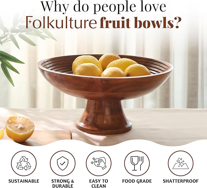 Folkulture Wooden Fruit Bowl for Kitchen Counter | 12" Large Premium Eco Friendly Banana Fruit Basket for Kitchen | Acacia Wood Bowl with Holder, Pedestal for Table Decor, Centerpiece for Dining Table