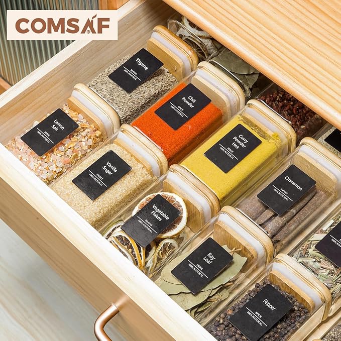 ComSaf 6Pcs 8oz Spice Jars with Label Trial Set, Glass Spice Jars with Bamboo Lids Supplementary Set, Seasoning Container Trial Pack, Perfect for Ktichen Starter