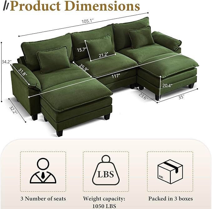 URRED Modular Sectional Sofa Comfy Cloud Couch, Modern Corduroy Sofa Sleeper Deep Seat Couches with Ottoman/Pillows for Living Room (Green, 117'' - U Shape)