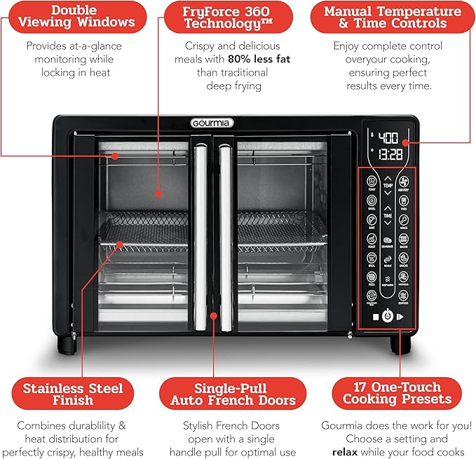 Gourmia Toaster Oven Air Fryer Combo 17 cooking presets 1700W french door digital air fryer oven 24L capacity accessories, convection rack, baking pan tray recipe book GTF7460,Large,Black
