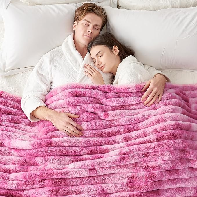 Cozy Bliss Faux Fur Throw Blanket for Couch, Cozy Warm Plush Striped Blanket for Sofa Bedroom Living Room,60 * 80 Inches Tie-dye Pink
