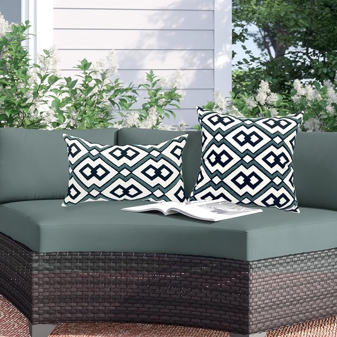 Alysheer Embroidered Decorative Throw Pillow Cover 18"x 18" Set of 2, Classic Boho Geometric Embroidery Pattern Cotton Square Cushion Case for Sofa Couch Living Room Bedroom (Navy Aqua)