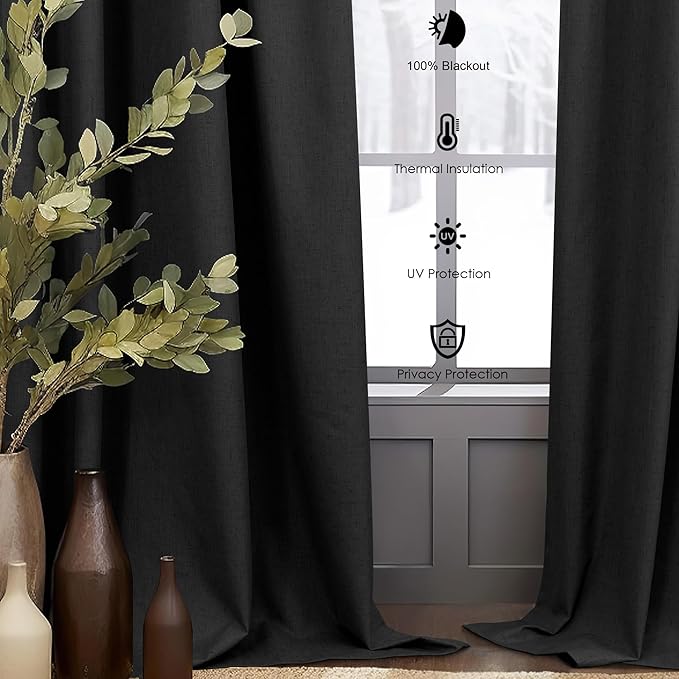 Black Blackout Curtains 84 Inches Long 100% Black Out Linen Farmhouse Light Blocking Curtain for Bedroom Living Room Darkening Back Tab Thermal Insulated Drapes Sliding Glass Door 7ft Length 2 Panel