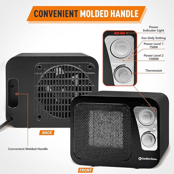 Comfort Zone Space Heaters for Indoor Use, Portable Heater, Fast Heating, Electric Heater, Thermostat, Retro Design, Bedroom Heater with Overheat Protection, Safety Tip-Over Switch 1,500W, Black