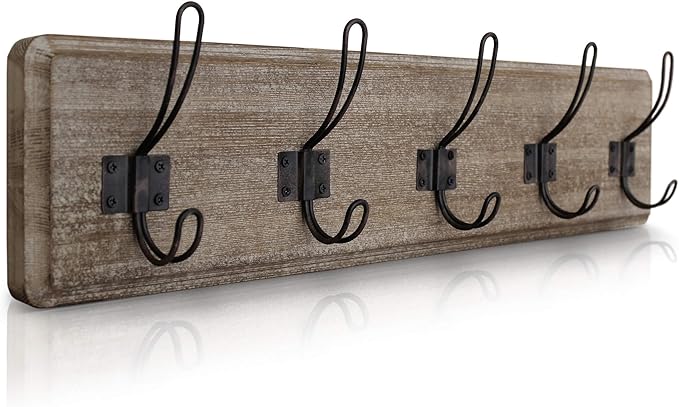 HBCY Creations Weathered Rustic Coat Rack Wall Mount with 5 Hooks, Solid Pine Wood 24 inch Wall Hooks for Entryway, Mudroom, Hallway, Bathroom - Vintage Farmhouse Style Wall Mounted Towel Rack