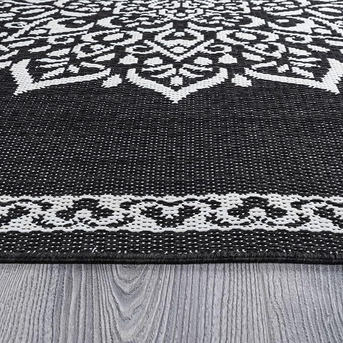 CAMILSON Indoor Outdoor Rug, 10x14 Medallion Black White Modern Area Rugs for Large Indoor and Outdoor Patios, Kitchen and Hallway Mats, Washable Porch Deck Outside Carpet (Medallion Black, 10 x 14)