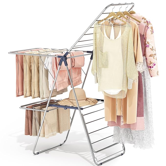 APEXCHASER Clothes Drying Rack with 4 Wings, Drying Rack Clothing with Height-Adjustable, Foldable Gullwings Laundry Drying Rack, Indoor Outdoor Use, No Assembly, Blue