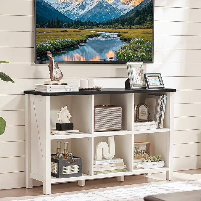 Farmhouse 6 Cube Bookshelf, Antique White & Black Wooden Storage Organizer Book Shelf, 47" Cubby Hallway Bookcase, Kids Toy Storage Cabinet, Modern Open Book Case for Living Room, Playroom