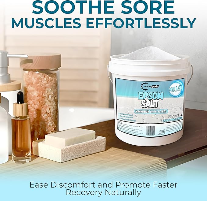 Epsom Salt Bath Soak 45 lb Bucket – Unscented, Pure Epsom Salt Bulk Crystals, Magnesium Sulfate for Full Body or Foot Soaks, Resealable Container with Scoop for Home Bath Use
