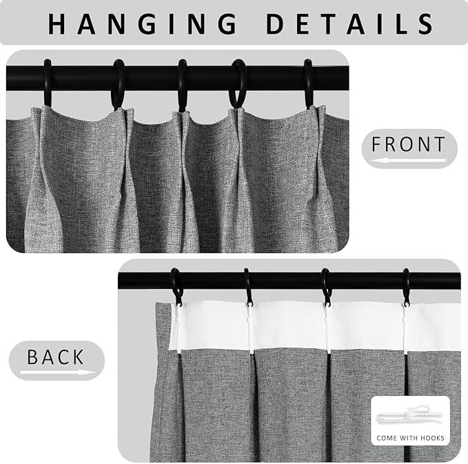 Macochico Pinch Pleated Blackout Curtains 102 Inches Long 100% Light Blocking Mid Grey Linen Drapes for Bedroom Living Room Farmhouse Shabby Chic Burlap Curtains with Tieback 72”Wx102”L 1 Panel