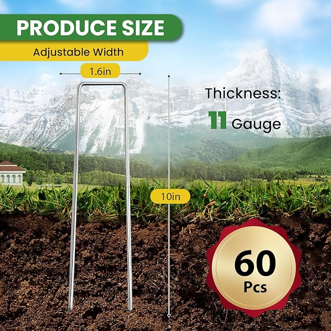 Landscape Staples Galvanized 10 Inch 60 Pcs, Metal Garden Stakes 1.6 Inch, Garden Staples for Weed Barrier Lawn 11 Gauge