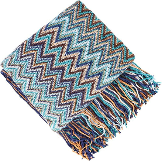 Boho Throw Blanket - Bohemian Fringe Tassels， for Bed Couch Soft ChairBlanket Double Sided (50"x70") (Blue)
