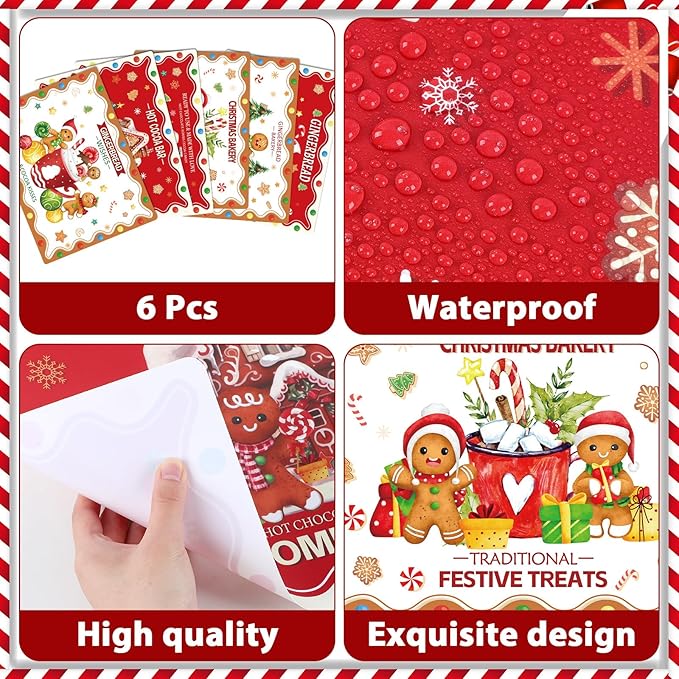 Christmas Placemats Set of 6 Christmas Retro Gingerbread Plastic Table Mats Xmas Bakery Gingerbread House Place Mats Winter Holiday Table Decoration for Indoor Outdoor Party Kitchen Dining