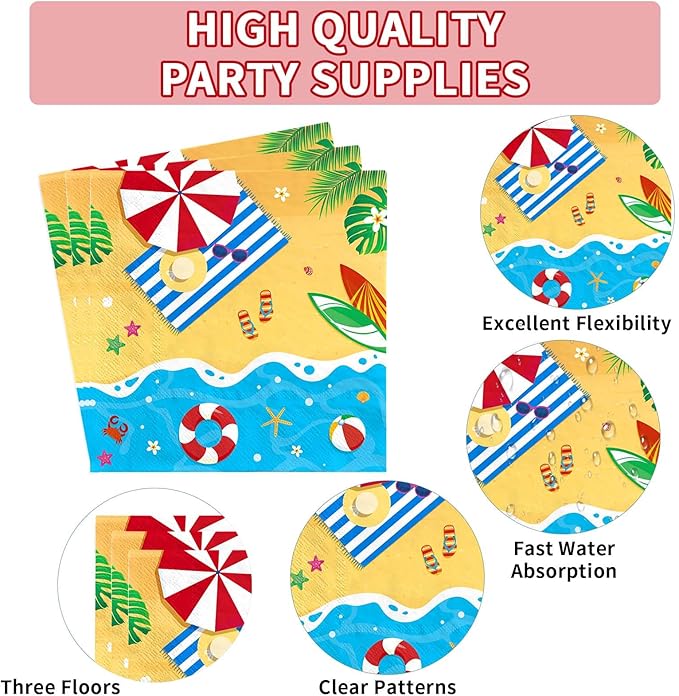 Grencian 200Pcs Beach Party Supplies Hello Summer Party Plates and Napkins Disposable Summer Pool Paper Tableware Set for Hawaiian Beach Pool Birthday Baby Showe Decorations, Serves 50