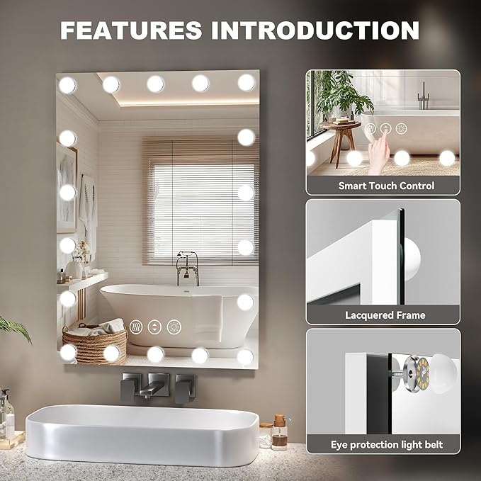 Hasipu LED Bathroom Mirror with Lights, 71" x 36" Hollywood Wall-Mounted Bathroom Mirror with 30 Dimmable Bulbs, 3 Colors Modes, Touch Control, Anti-Fog, Memory Function, Shatter-Proof, ETL Listed