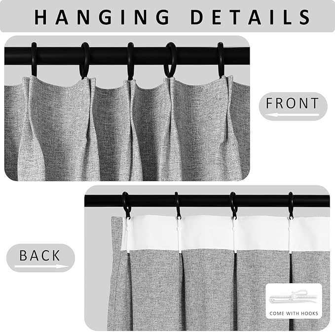 Macochico 100% Blackout Pinch Pleated Linen Curtains Thermal Window Treatments Sound Reducing Curtains for Bedroom Living Room Light Grey Farmhouse Burlap Drapes with Tieback 52”Wx63”L 1 Panel